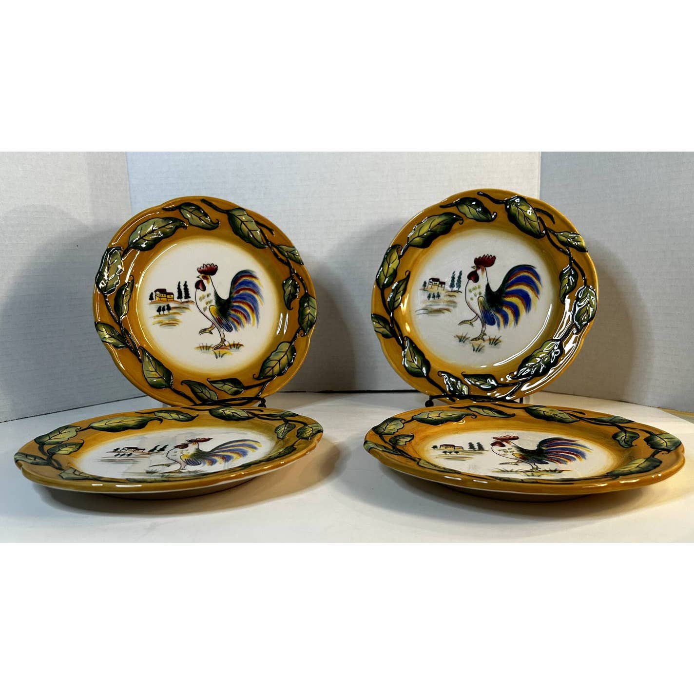 Fitz & Floyd Ricamo Portofino (4) Rooster Salad Yellow Border Plates 8.5 EUC