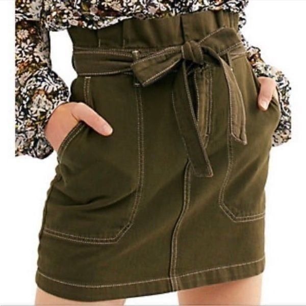 FREE PEOPLE | Splendor the Grass Green Belted Paper Bag Waist Skirt Women’s 6