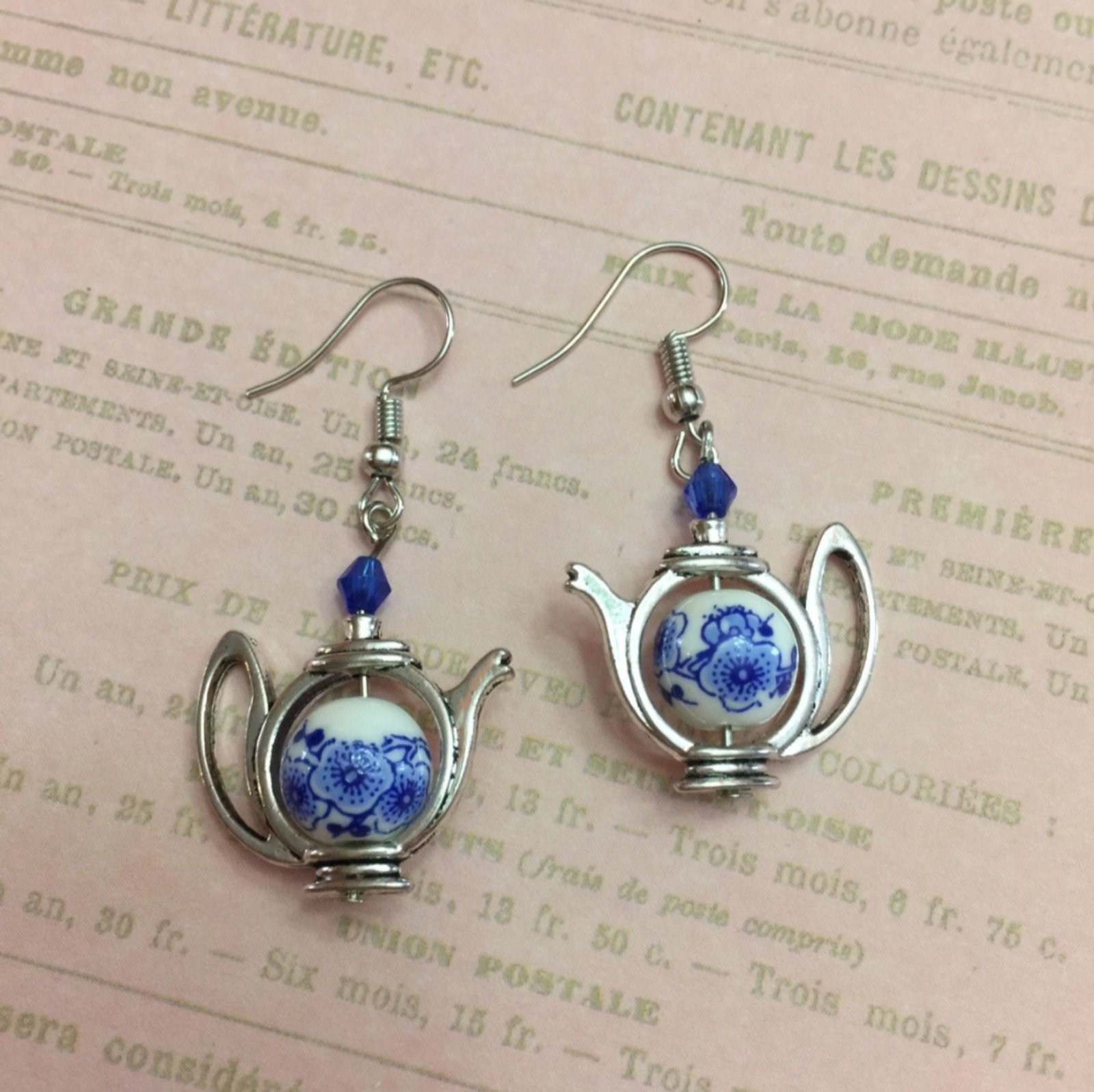 Teapot blue flower teatime kettler Earrings 925