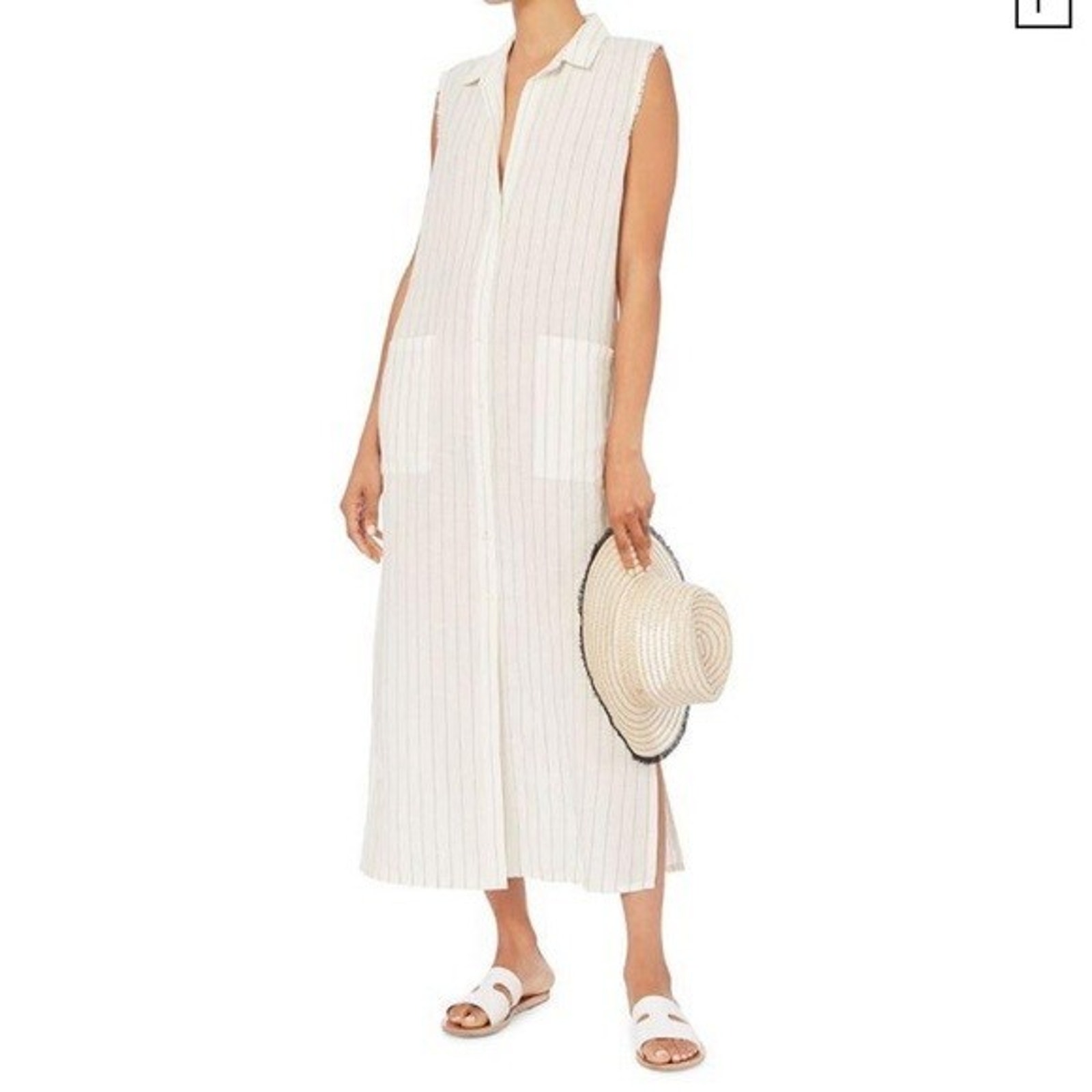 Frame Boyfriend Pinstripe Sleeveless Shirt Dress White Sleeveless Linen Button L