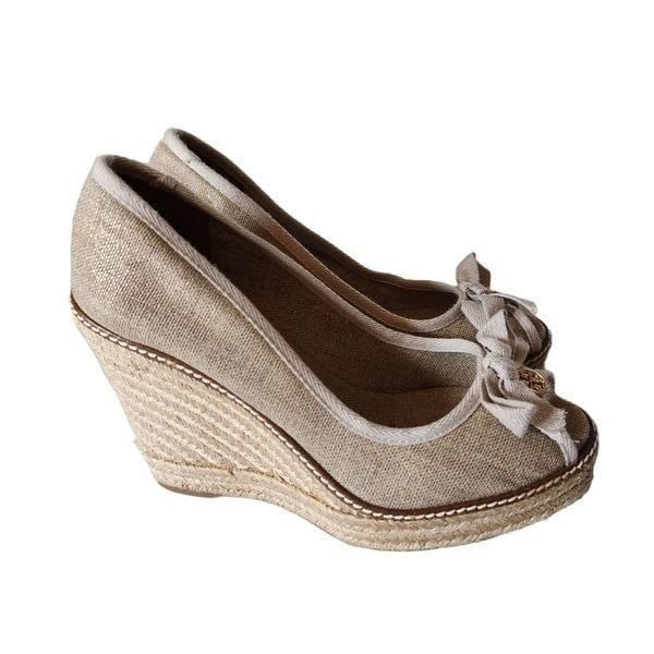 Tory Burch Jackie Tan Metallic Espadrille Wedge Heels 9.5 NWOT