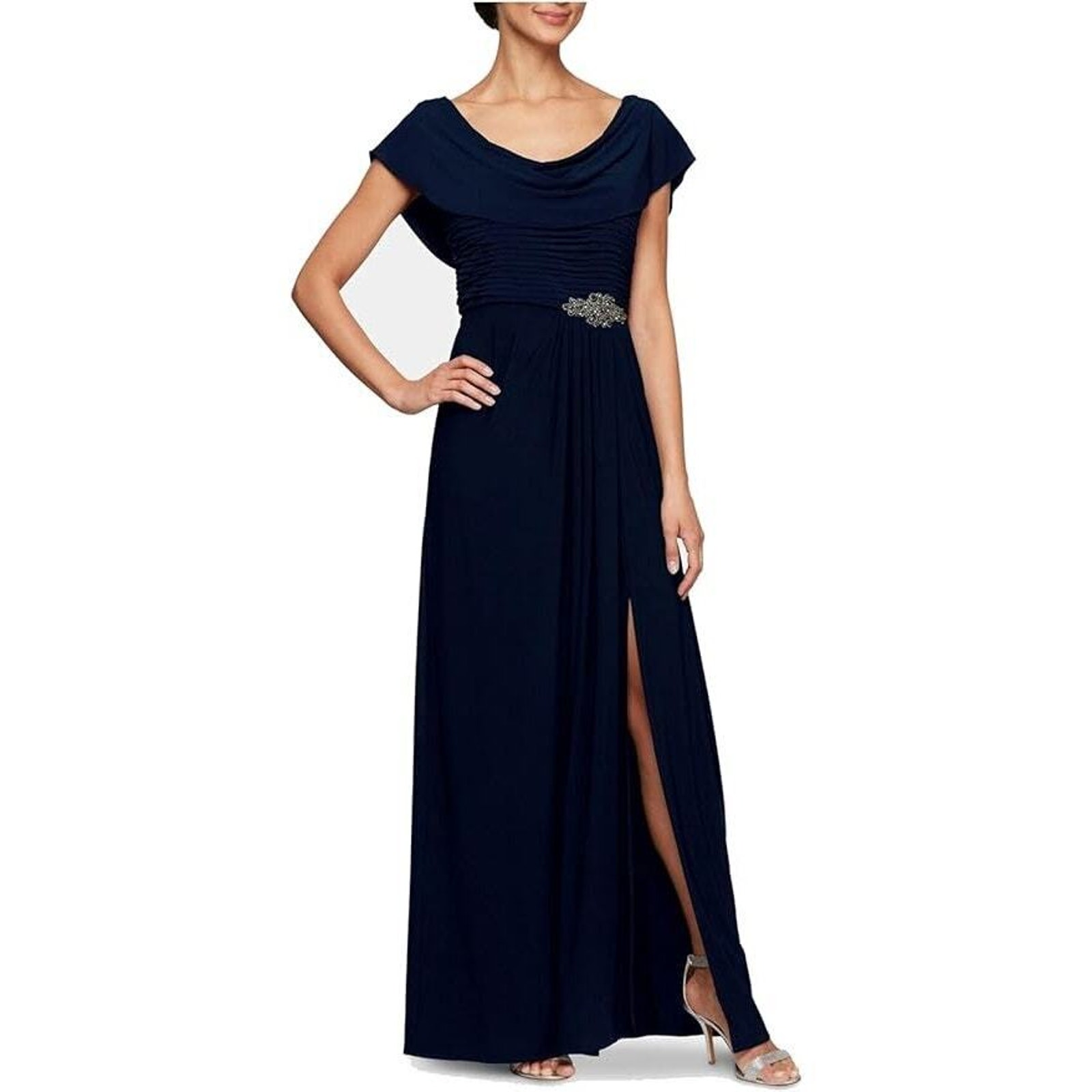 Alex Evenings Women's Crowlneck Embellished Evening Dress, Navy Blue Size 16