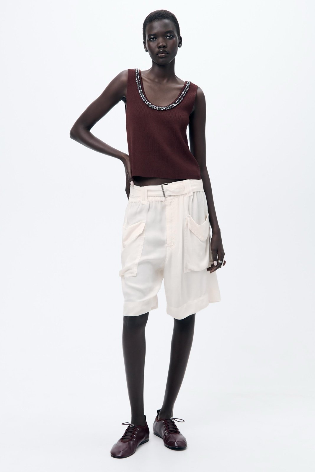 NWT Zara Jewel Beads Knit Top in Burgundy - Medium