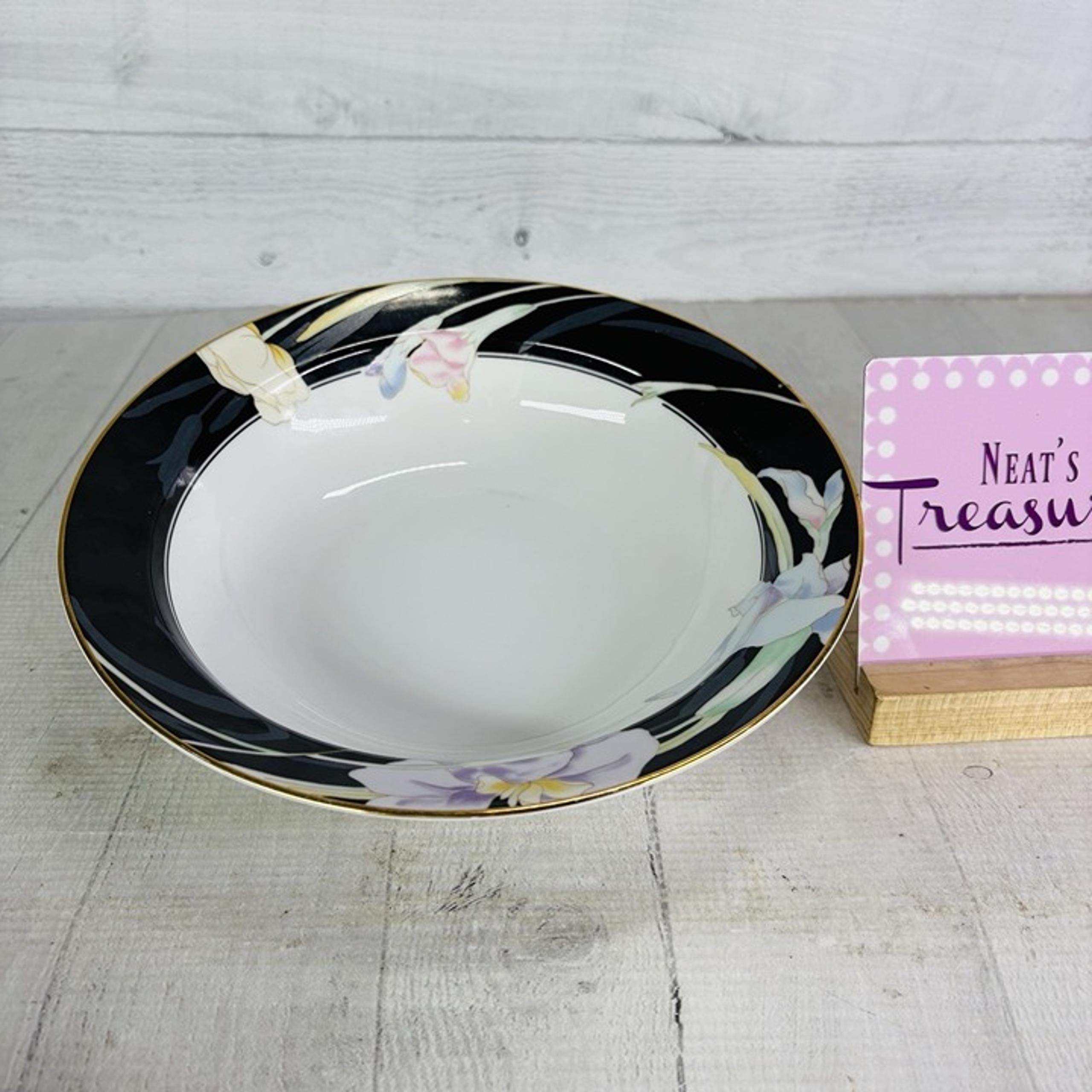 Mikasa CHARISMA BLACK Fine China Flowers Gold Trim Rim 9" Vegetable Serving Bowl