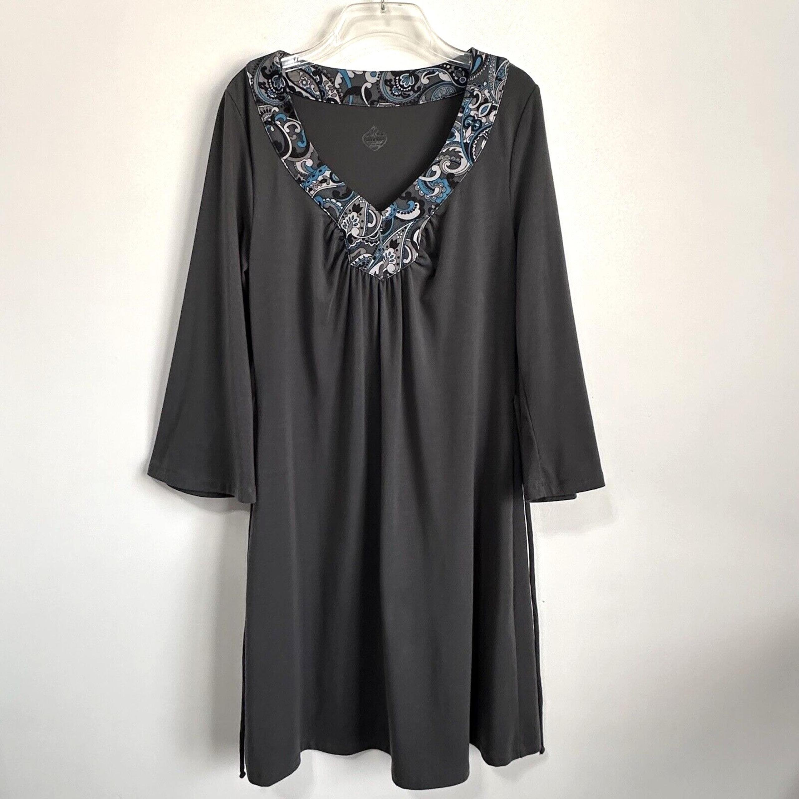 Prana Dress L Charcoal Gray Tie Back Long Sleeve Stretch Knit Active Paisley