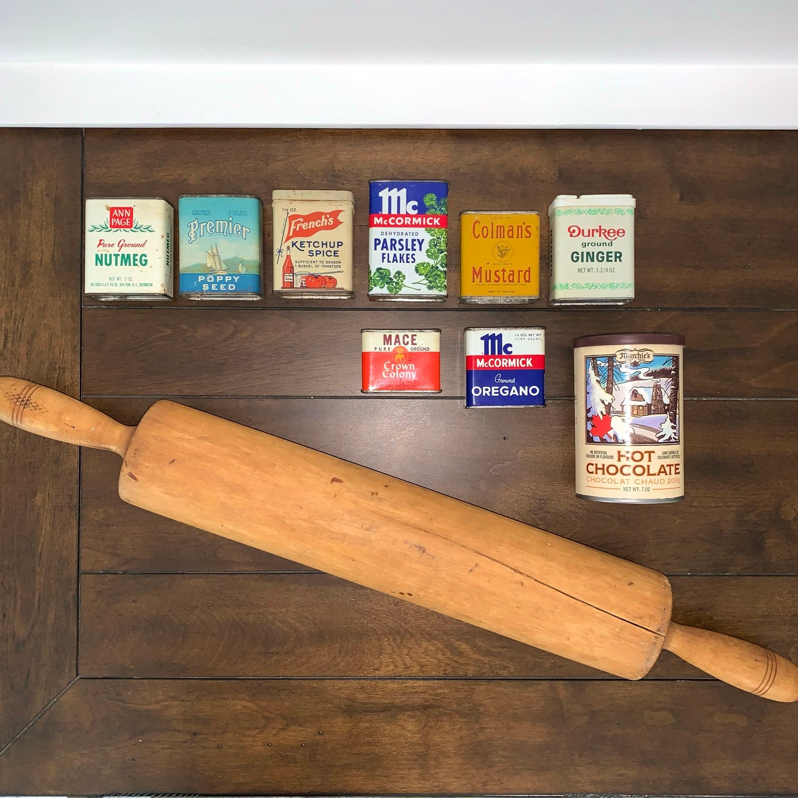 25” LARGE Antique Wood Rolling Pin + Vintage Spice Jar Tins Kitchen Farmhouse