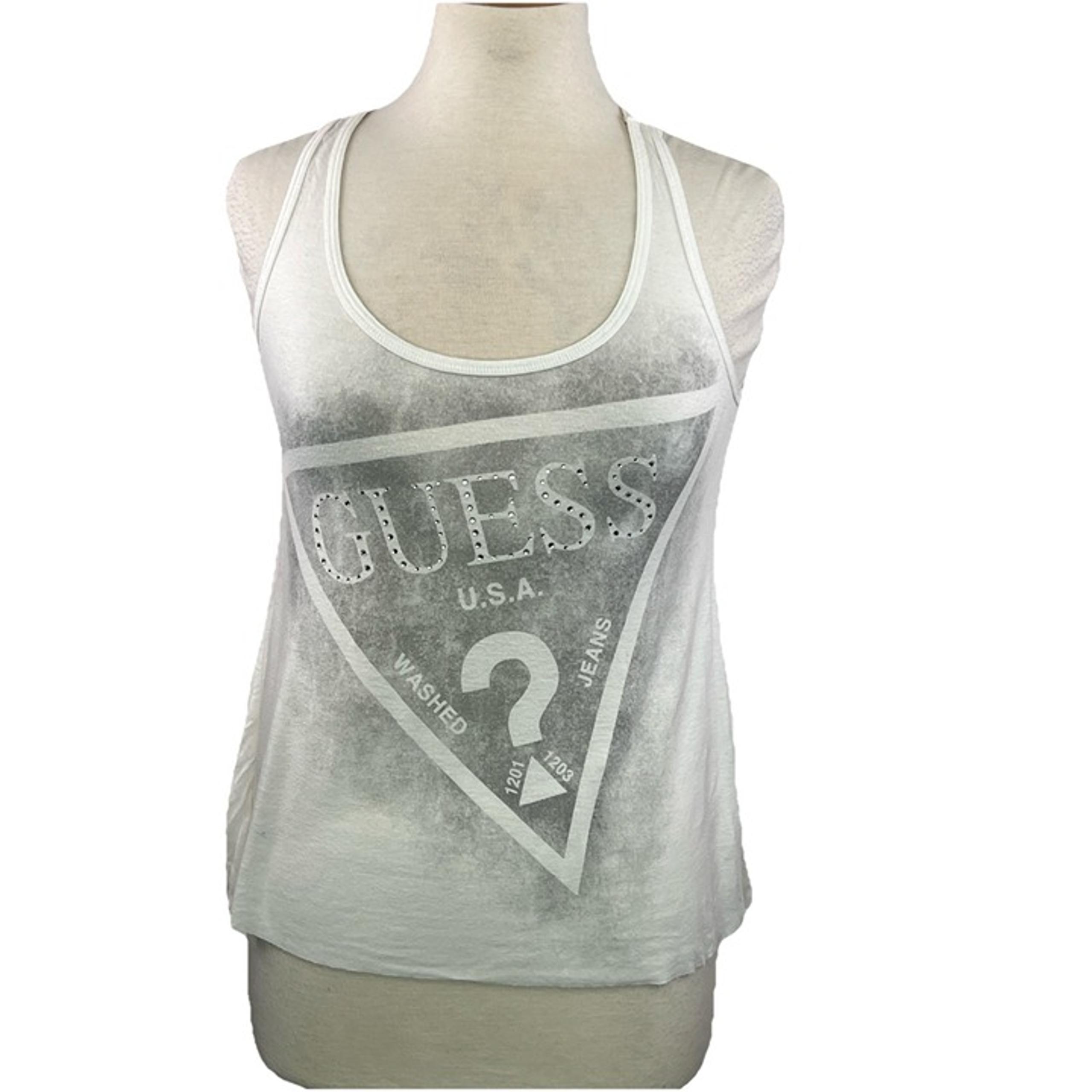 Guess Small Womens Studded Shiny Silver Bling Logo White Tank Top Raw Hem