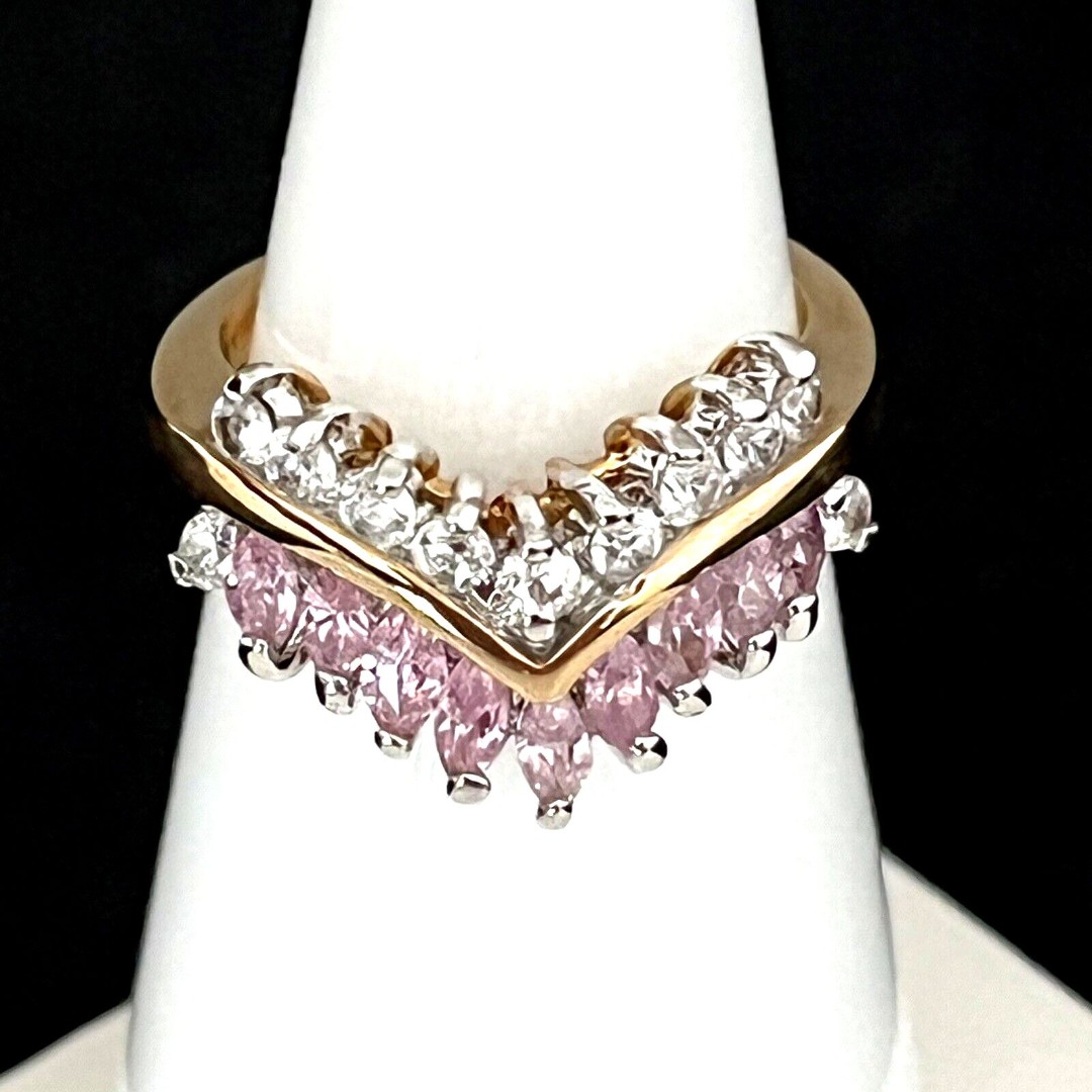 Vintage Ring Size 9 Pink Cubic Zirconia Accents 14K Gold Plate Mid-Century 14V