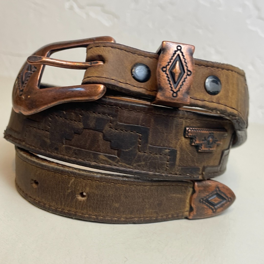 VTG Nocona {28} Copper Studded/Embellished Flower & Brown Leather Belt & Buckle