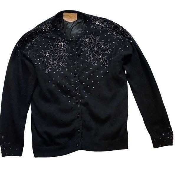 Helen Wong EUC Vintage 1950s Beaded Cardigan Angora/ Lambs Wool Blend Black S/M