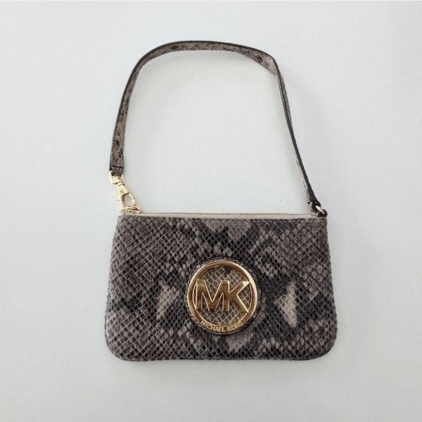 Michael Kors Wristlet Snake Skin Gold Emblem Zip Closure MK Bag 5 x 3 Animal