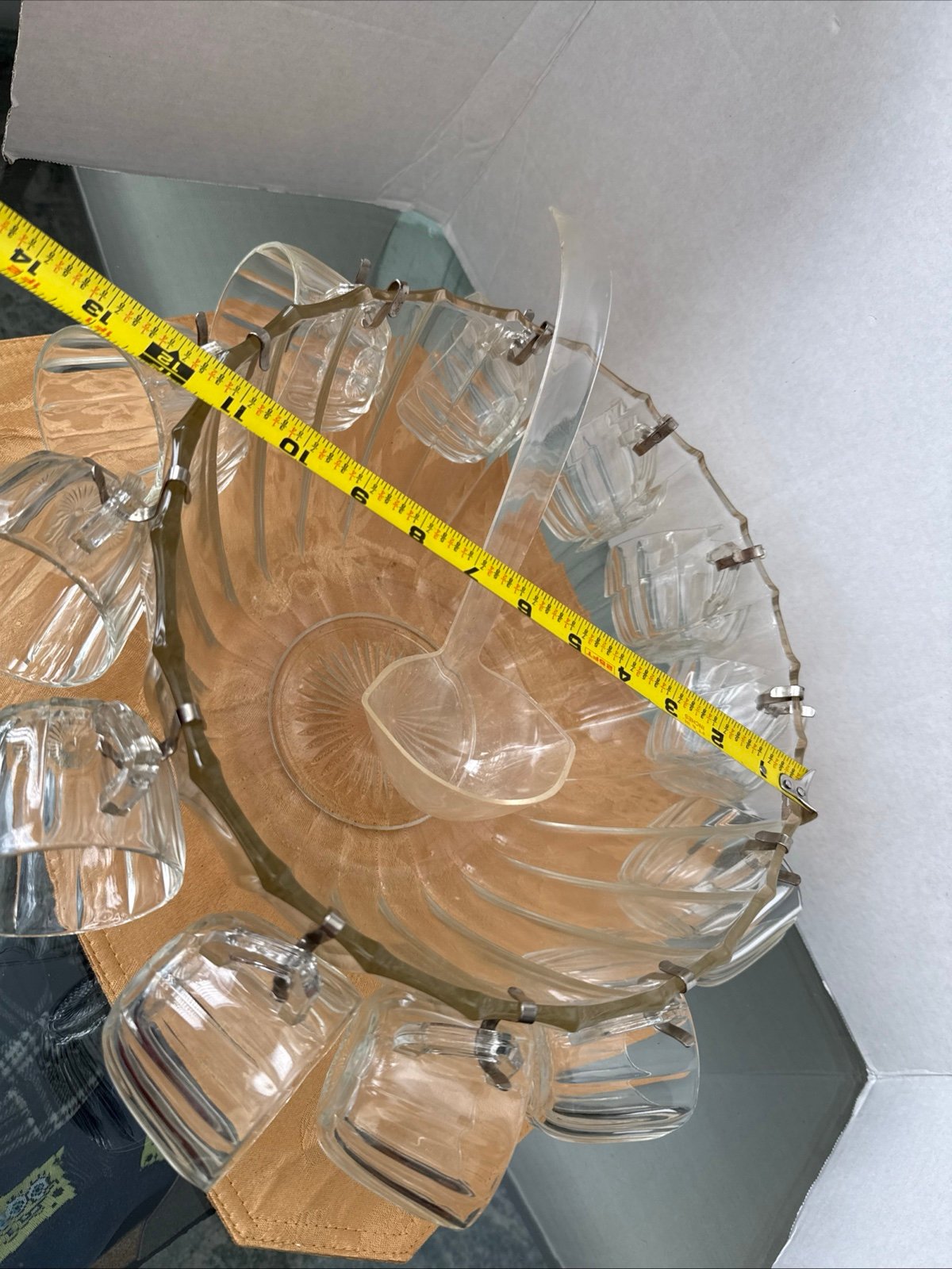 Vintage Jeannette glass co. Punch bowl with matching cups , hocks, plastic spoon