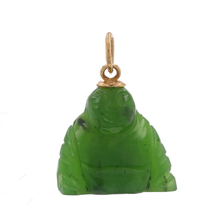 Yellow Gold Nephrite Jade Joyful Buddha Pendant - 14k Carved LX2423