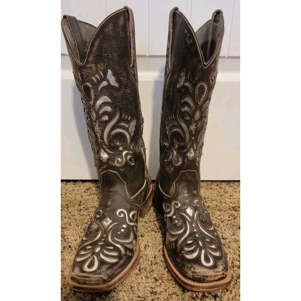 Roper Western Leather Boots Womens Metallic Underlay Brown size 7