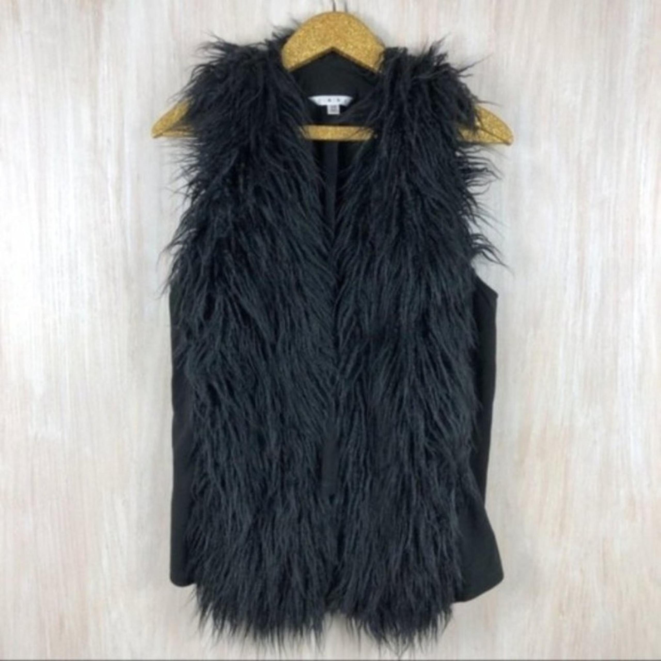 CAbi Black Infinite Faux Fur Furry Open Front Cocktail Party Vest Style #929 XS