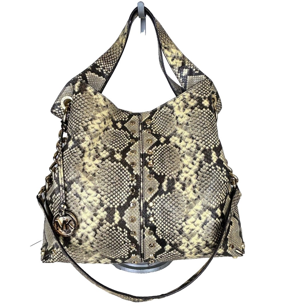 Michael Kors Astor Studded Python Snakeskin Tote Bag Shoulder Purse Beige Black