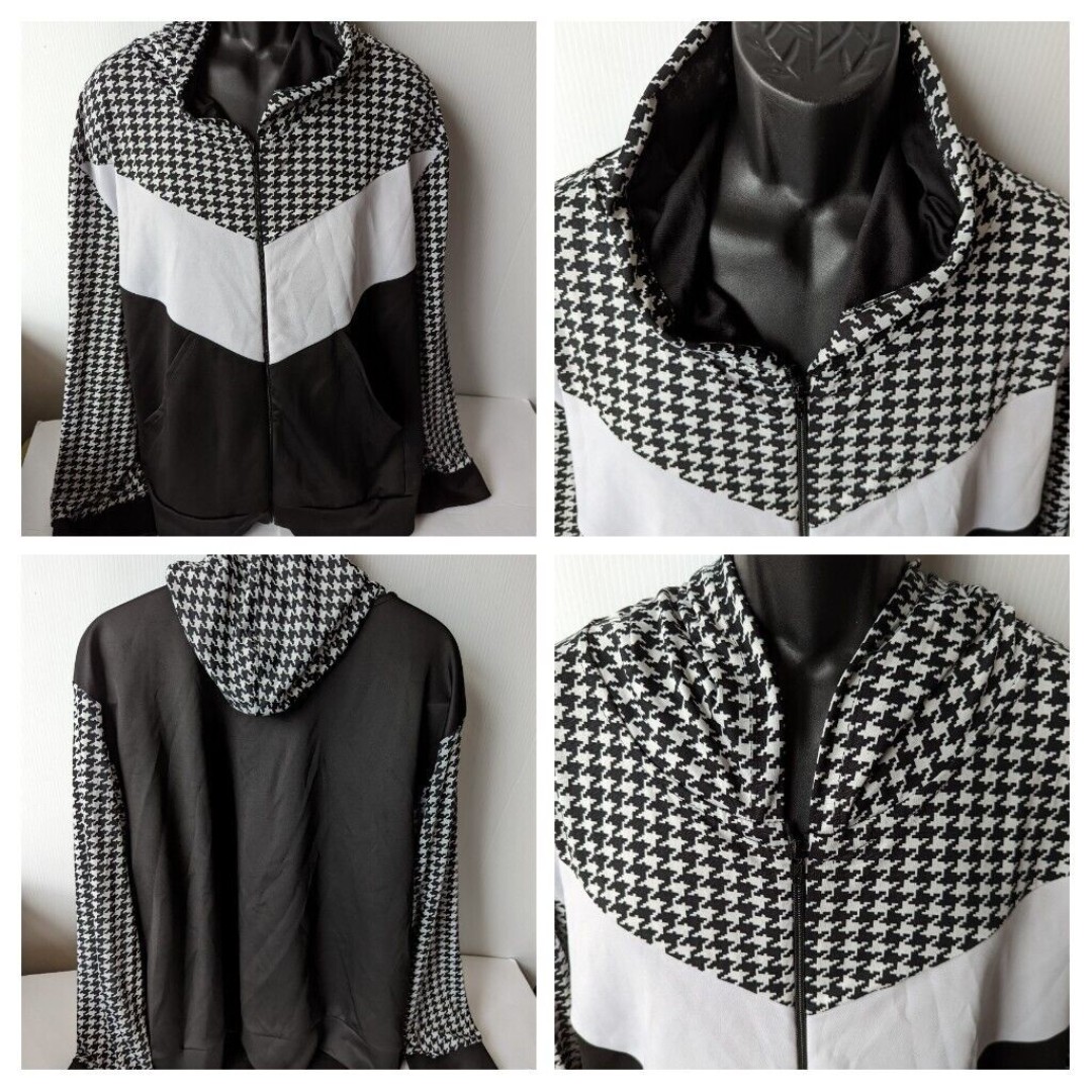 Colorblock Hooded Houndstooth Zip Jacket Fashion Hoodie Women Plus Size 6XL B&W