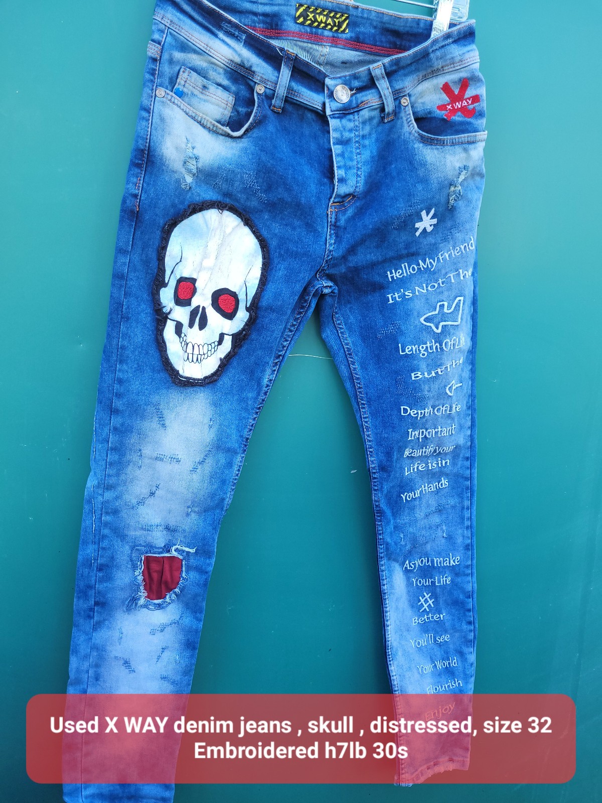 JeansUsed X WAY denim jeans , skull , distressed, size 32 Embroidered h7lb 30s