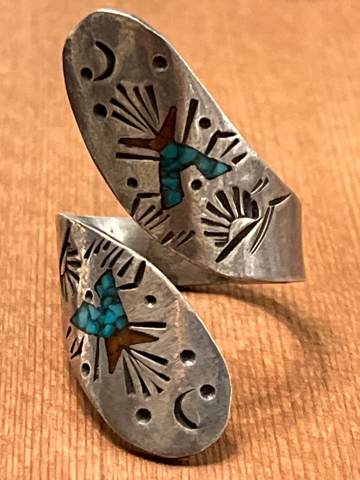 Old pawn Tommy Singer sterling turquoise coral s8.25 bypass ring 040425cGIZII