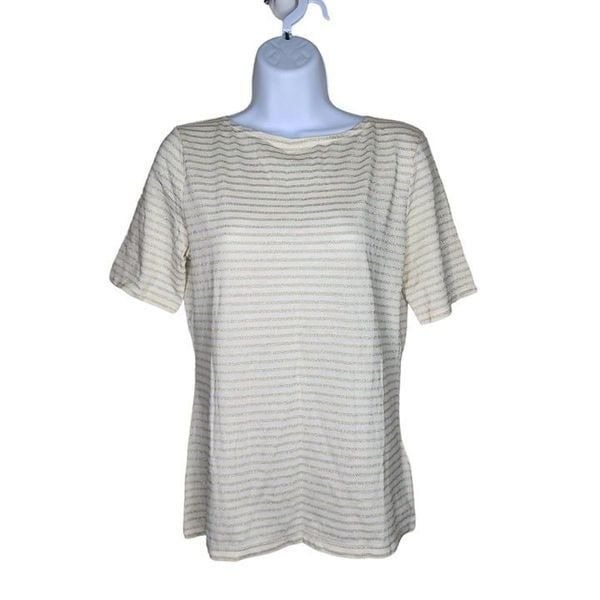 NEW Ralph Lauren Short Sleeve Metallic Ribbed Preppy Top Shirt Womens M White Go