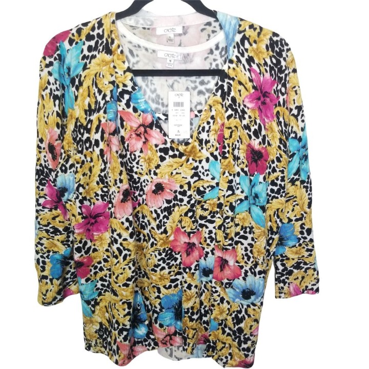 Cache Womens L Multicolor Floral 2-Piece Tank Top Cardigan Sweater Set NWT