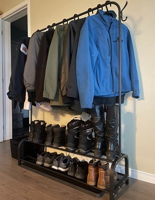 Garment Rack Free-Standing Clothes Rack w/Top Rod, Lower Storage & 6 Hooks - NEW