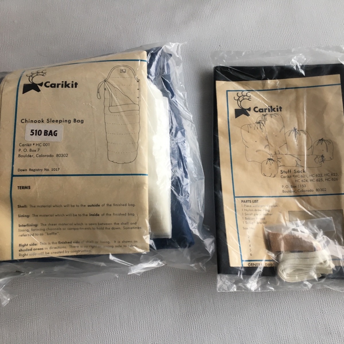 Vintage Carikit by Holubar down sleeping bag $ stuff sack & sewing kit Unopened