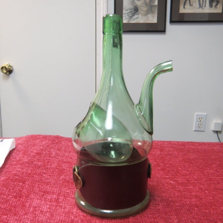 Vintage Green Glass Wine Jug with Genuine Leather Strap Vintage Green Glass Wine Jug with Genuine Leather Strap