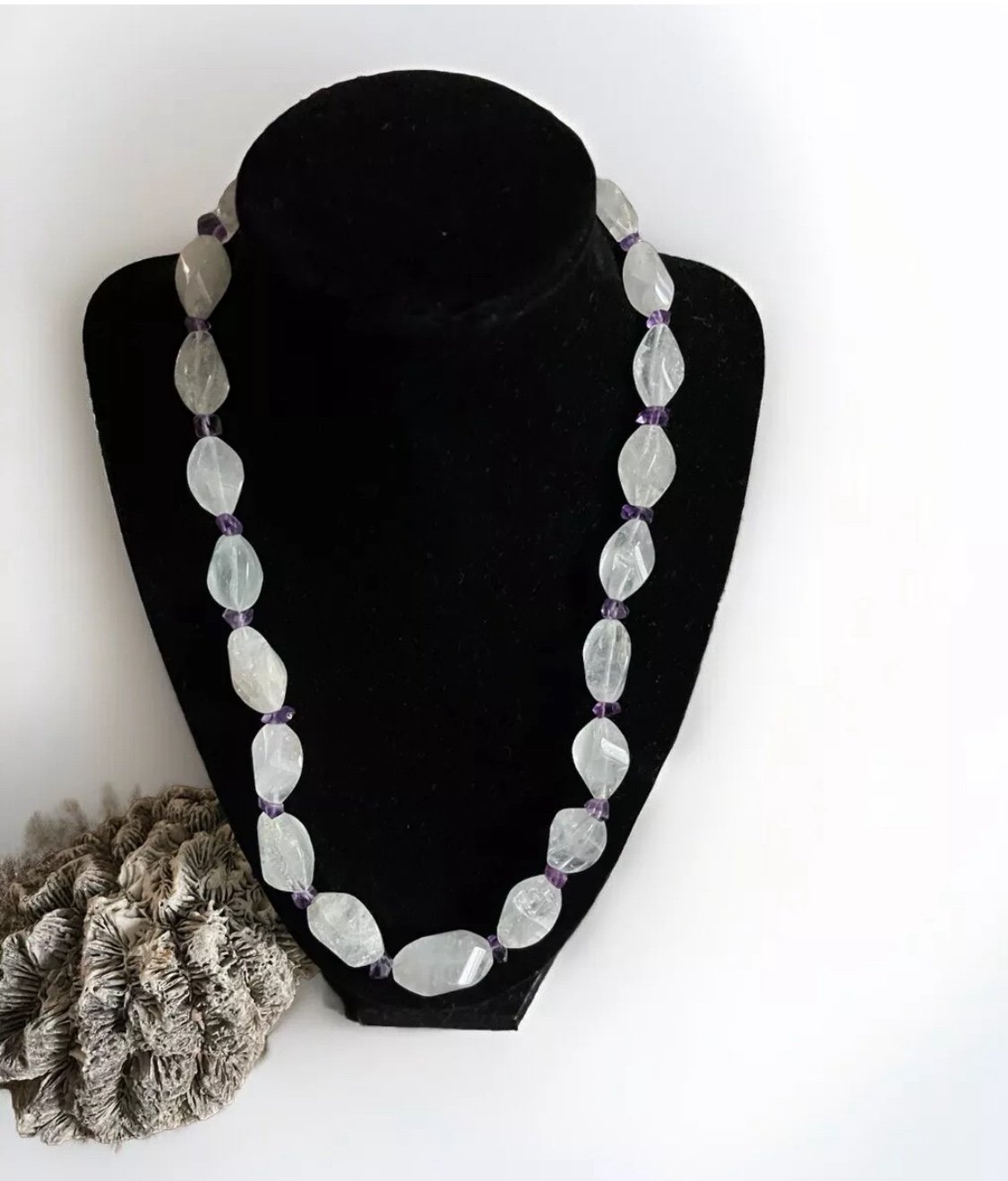 Sterling, AMETHYST & Rose Quartz Beaded 20” Necklace, Toggle Clasp