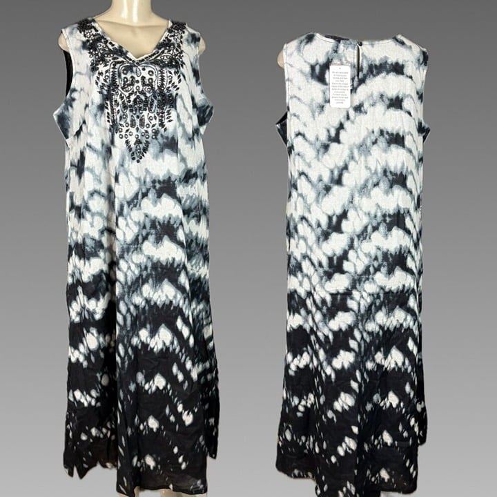 Roaman's +16W Black Tie-Dye Ombre V-Neck Beaded Pockets Sleeveless Maxi Dress