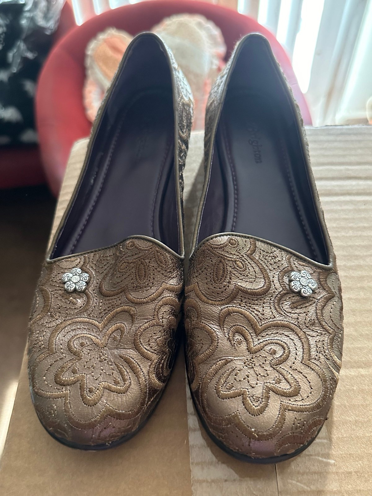 Brighton Womens Leather Embossed Flower Alcott Brown Loafer Shoes sz 9.5  Any si