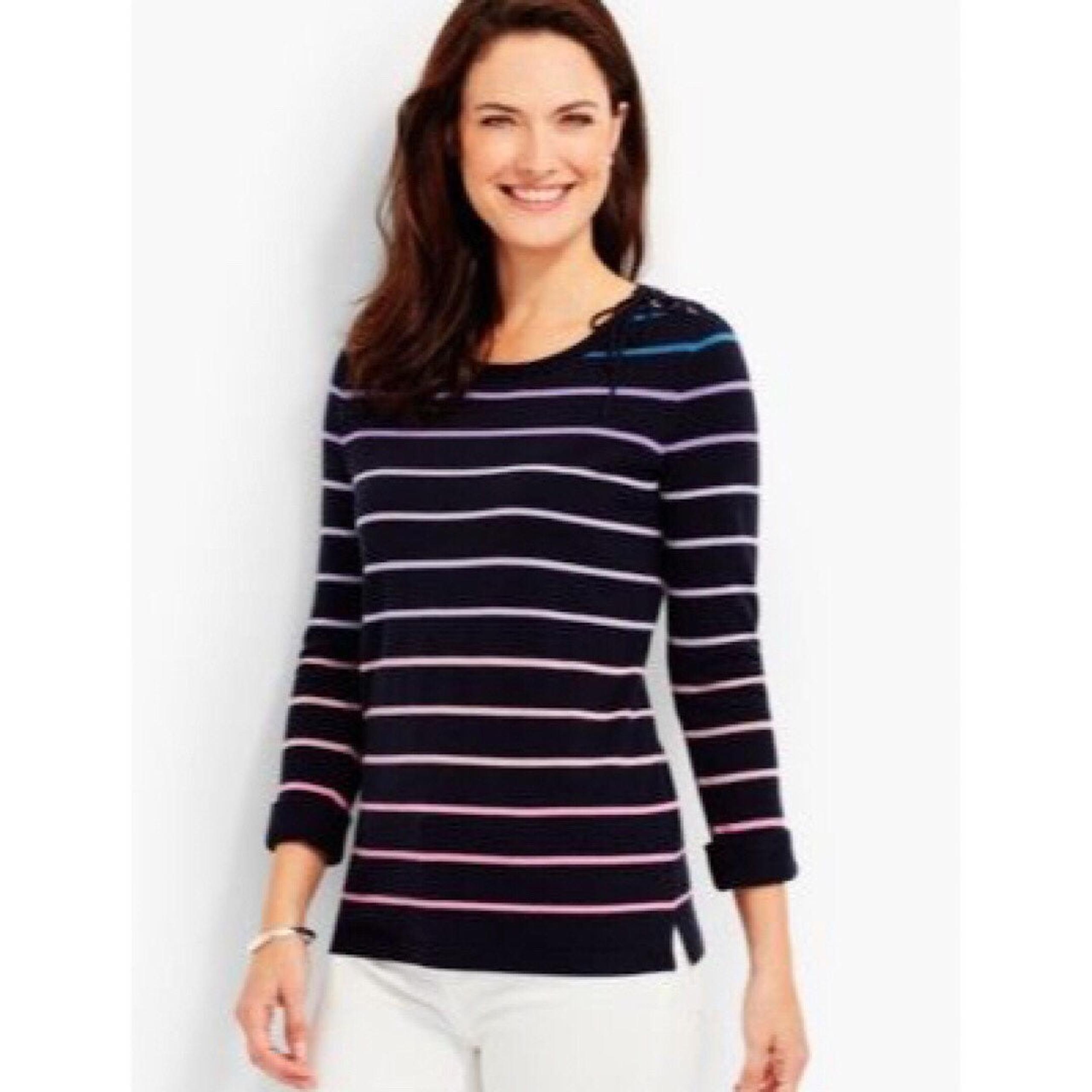 Talbots Navy Lace Up Stripe Sweater