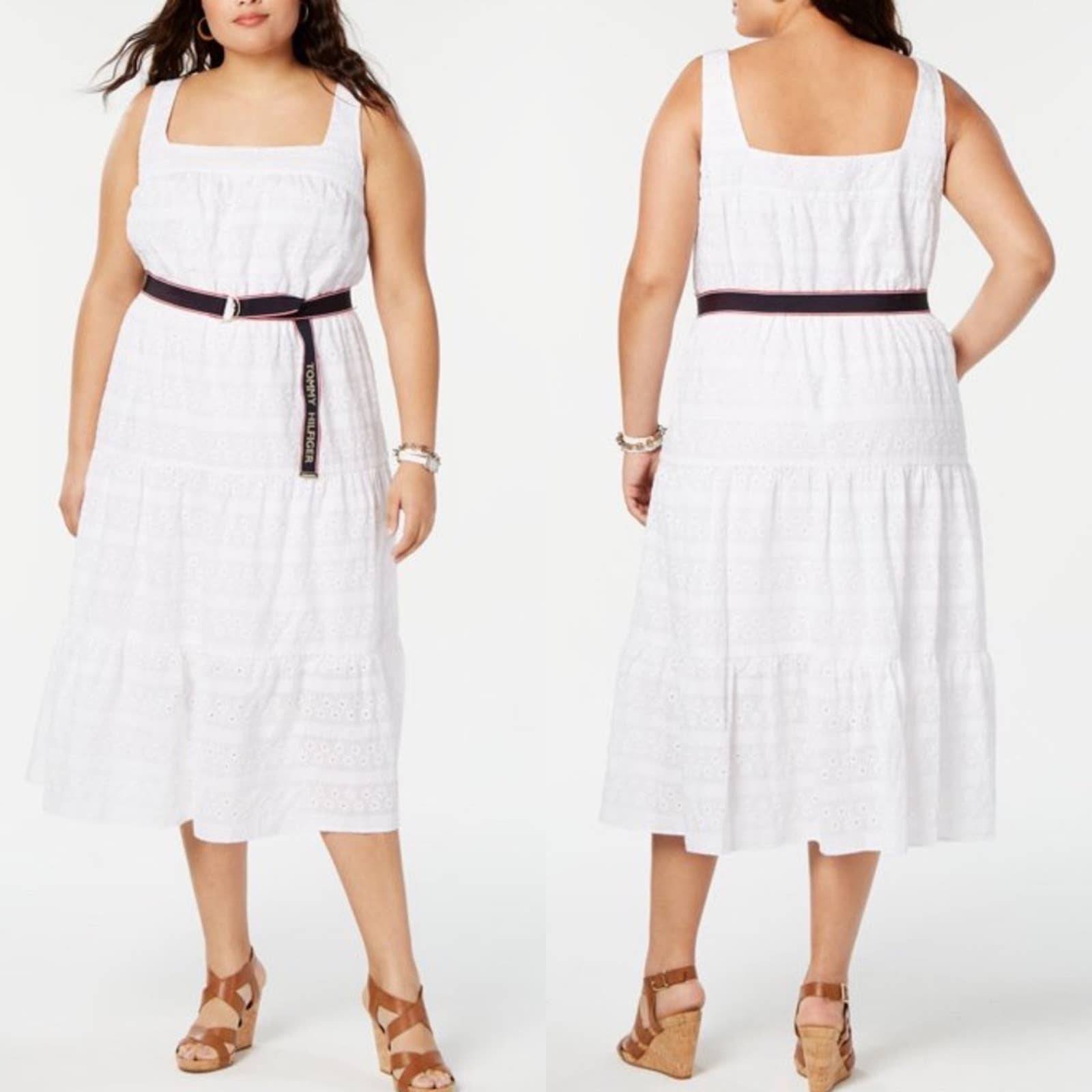 TOMMY HILFIGER NWT White eyelet Sleeveless Tea-Length Sheath Belted summer Dress