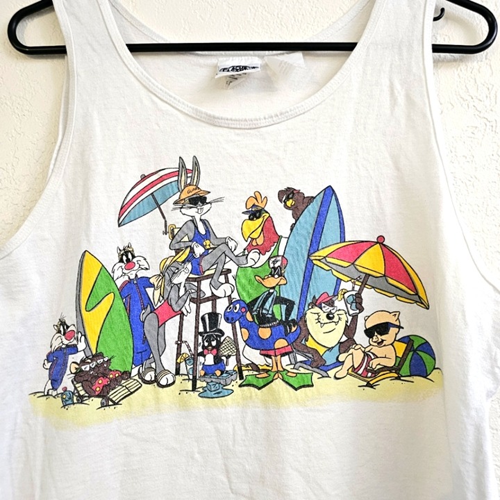 Looney Tunes double sided Vintage Graphic Beach Scene Tank Top Large Made In USA