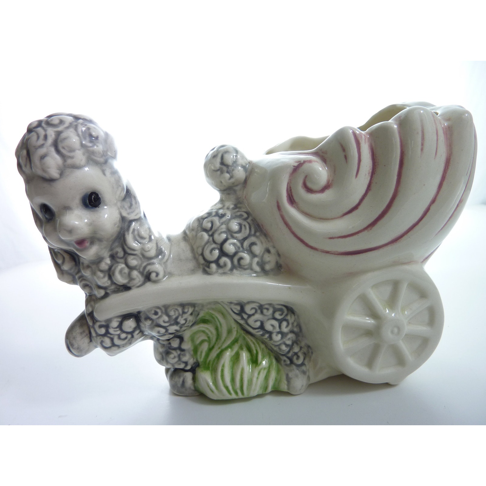 Vintage Ceramic Poodle Kitsch Dog Planter w/ Shell Cart - 5 Tall x 6.5