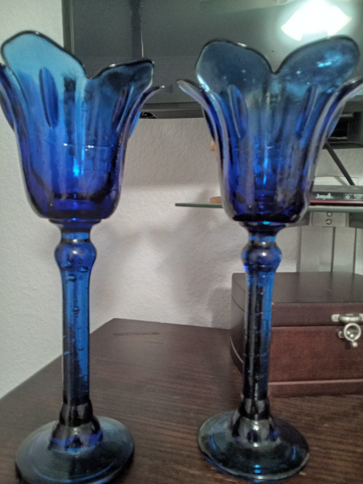 Set of cobalt blue tulip shaped candle holders