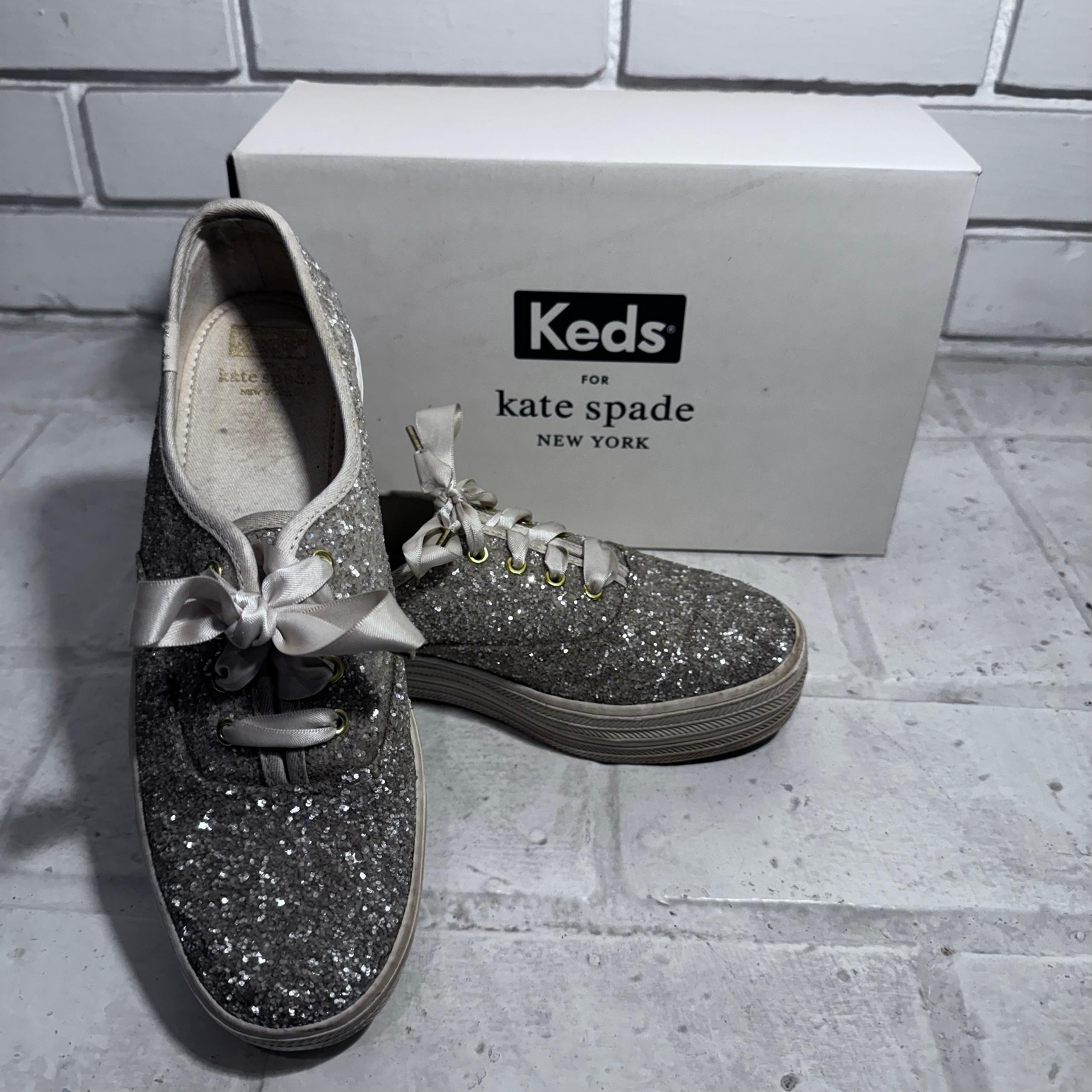 Kate Spade Keds Womens 7.5 Silver Glitter Platform Sneakers Fashion Shoes