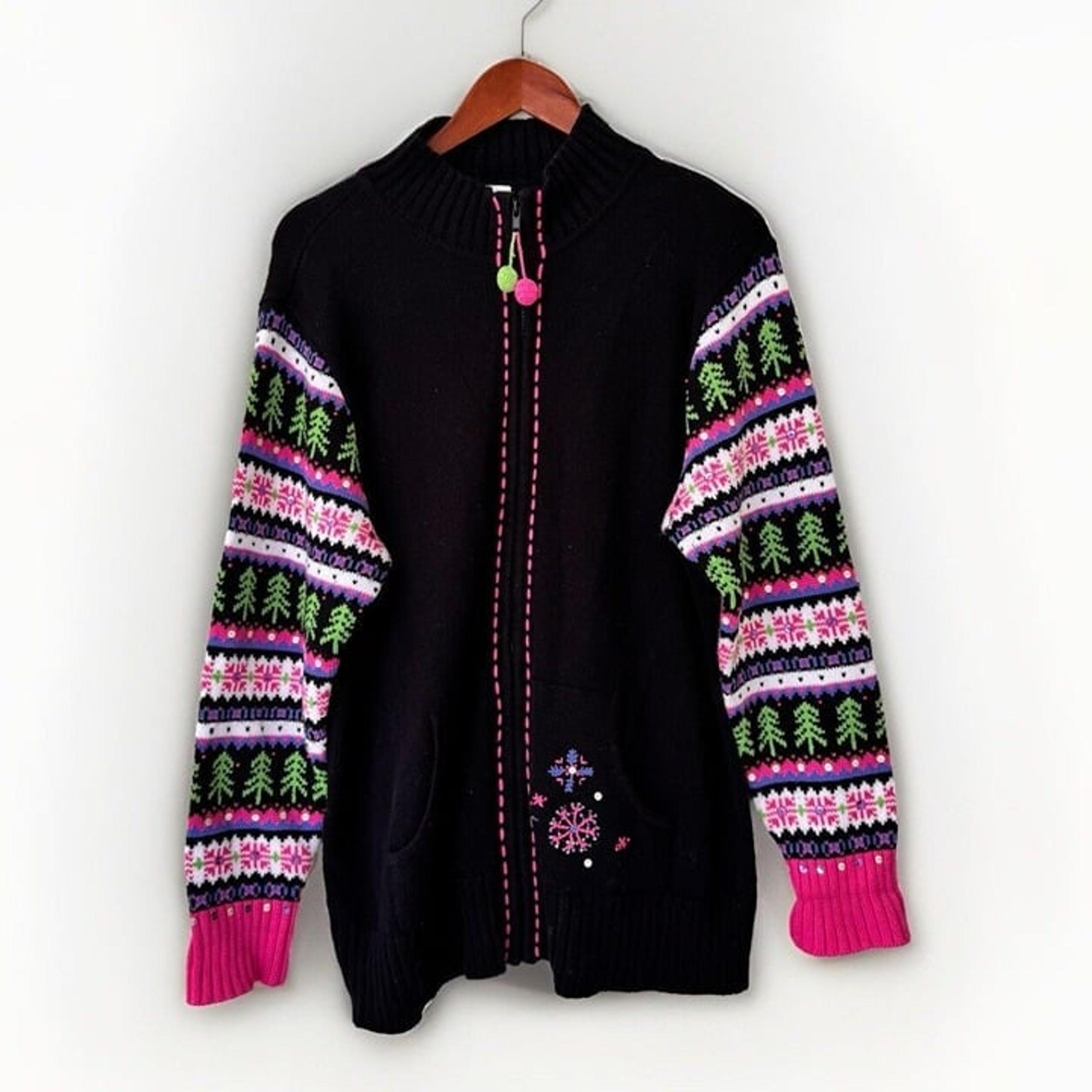 Quacker Factory sweater XL long sleeve zip up Black pink Nordic Snowflakes