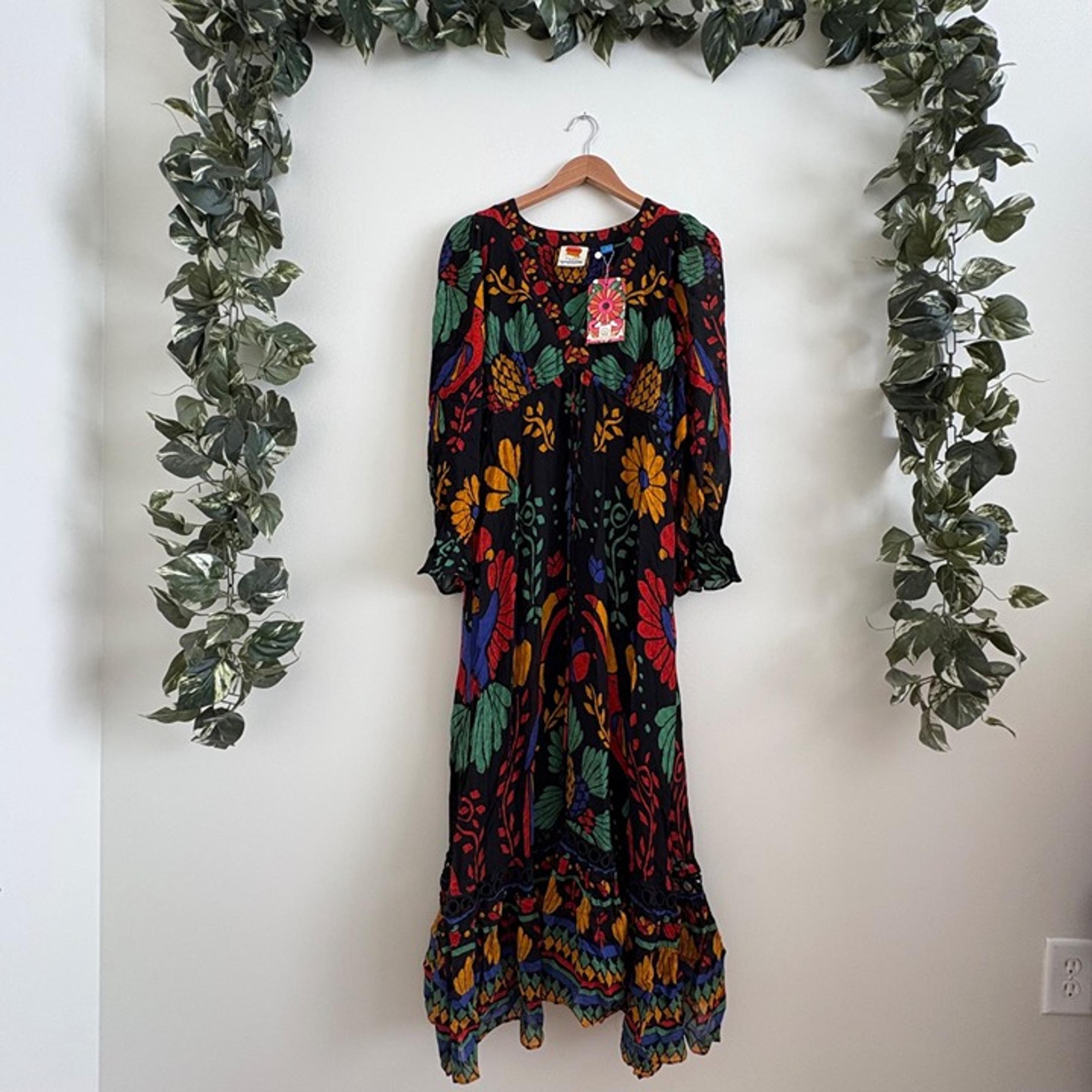 Farm Rio Georgette Long Sleeve Maxi Dress NWT Black Motif Women’s Size XS