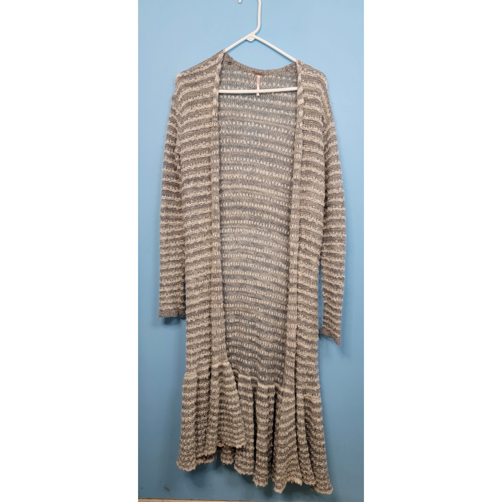 FREE PEOPLE Sweater Womens Sz S Gray Striped Open Cardigan Duster Long Oversized