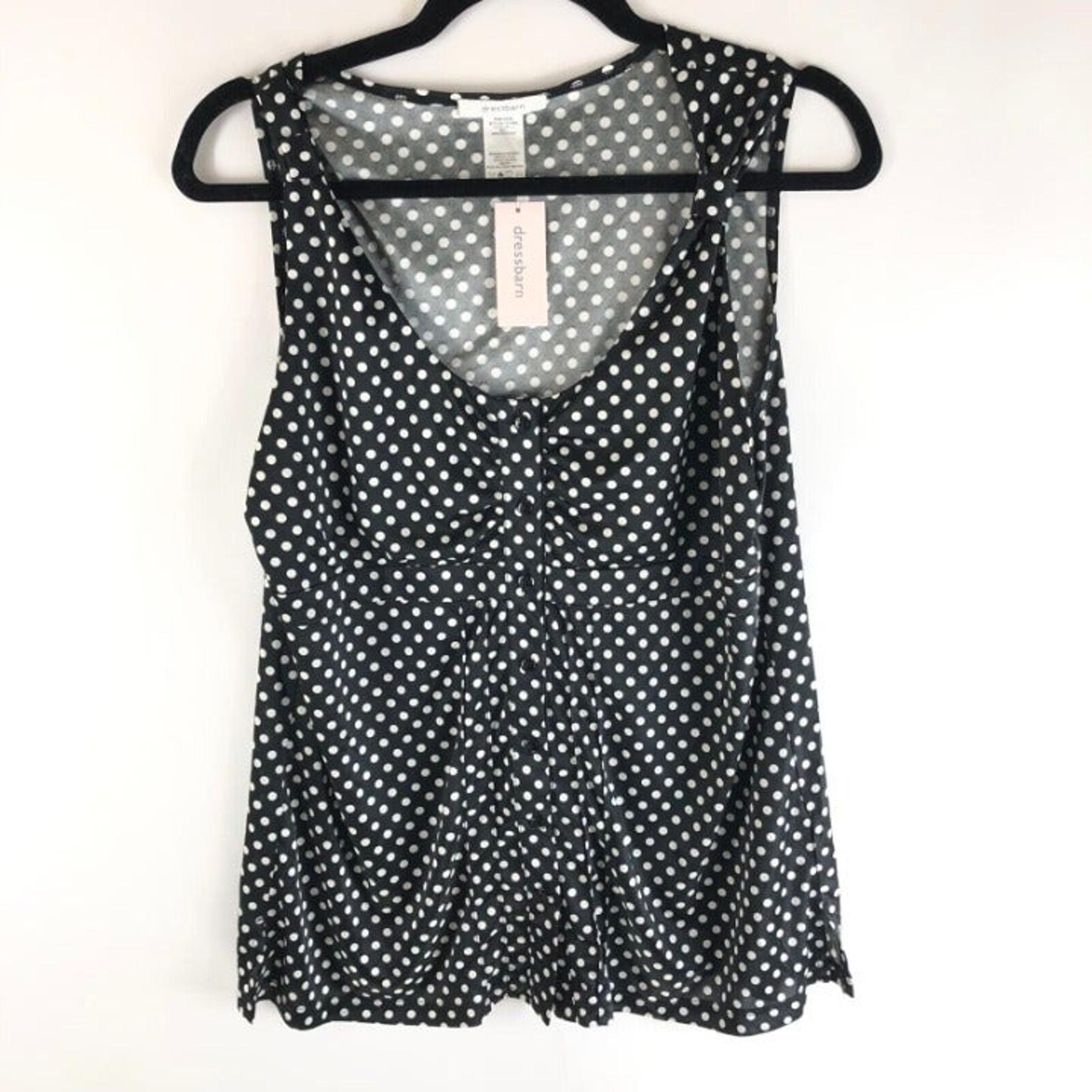 Dressbarn Womens Tank Top Blouse Button Front Polka Dot Scoop Neck Black White L