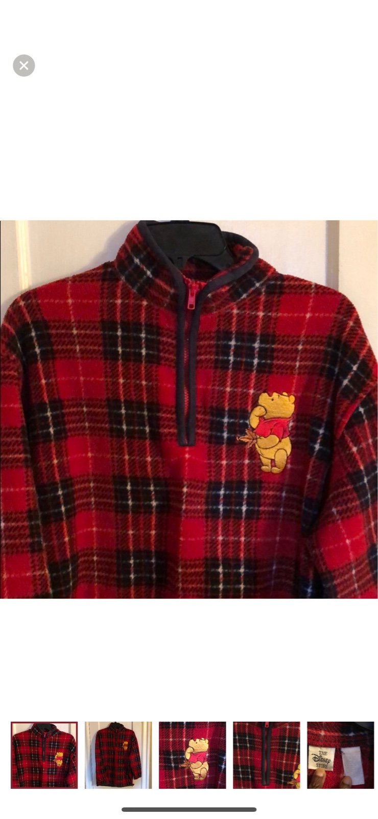 Vintage Disney Pooh Bear Embroider Red Buffalo Plaid Half Zip Pullover Jacket Lg