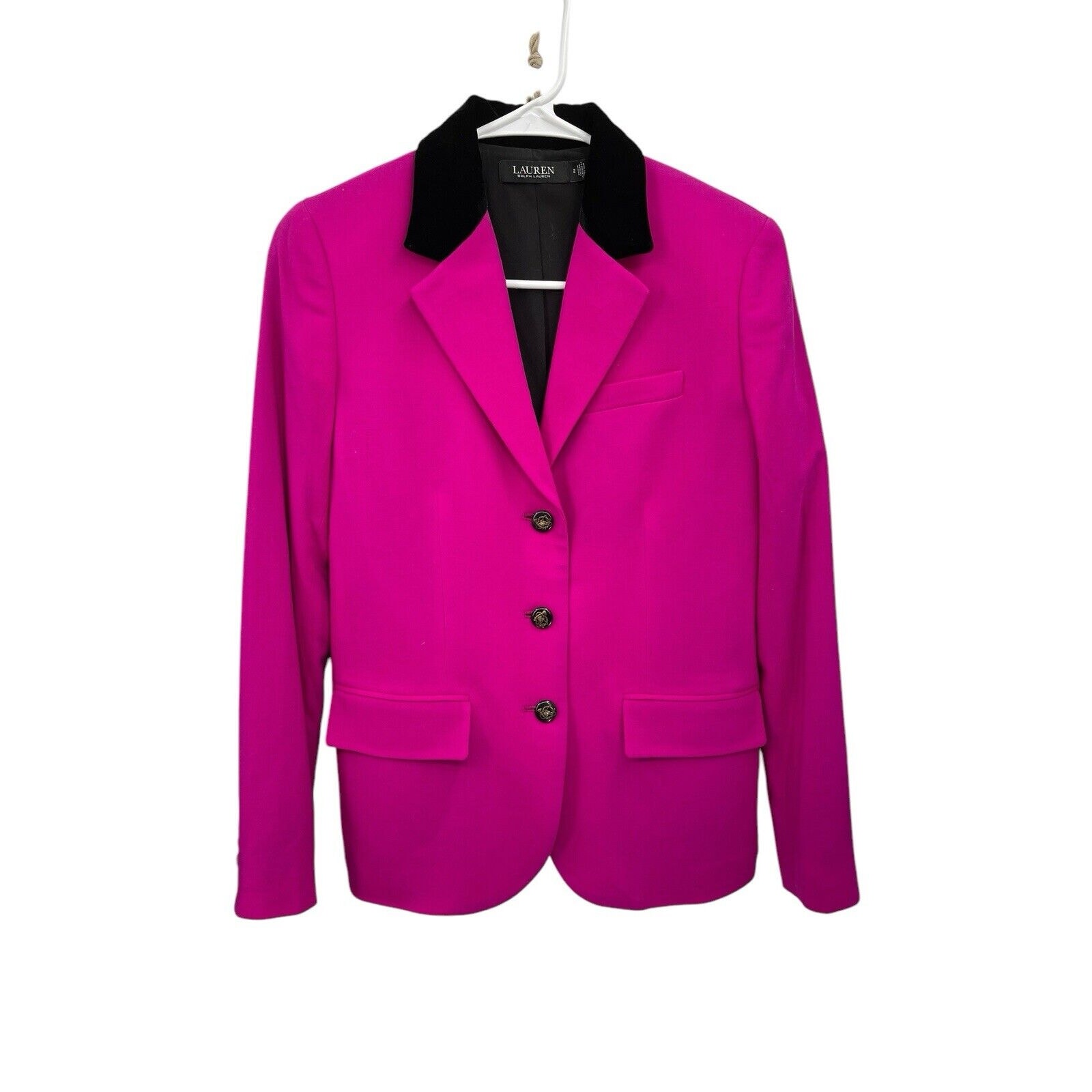 Lauren Ralph Lauren Wool Blazer Pink Black Velvet Collar Fox Head Buttons Size 2