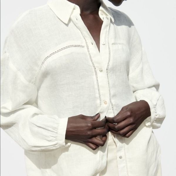 ZARA white linen lace insert button down