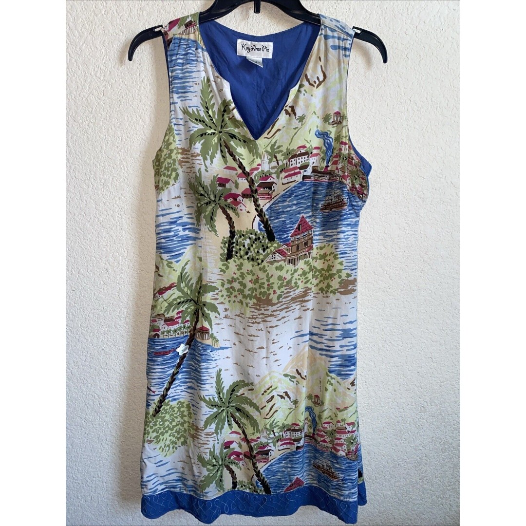 Vintage Key Lime Pie Tropical Island Hawaiian Maxi Dress Beaded Beach M Travel