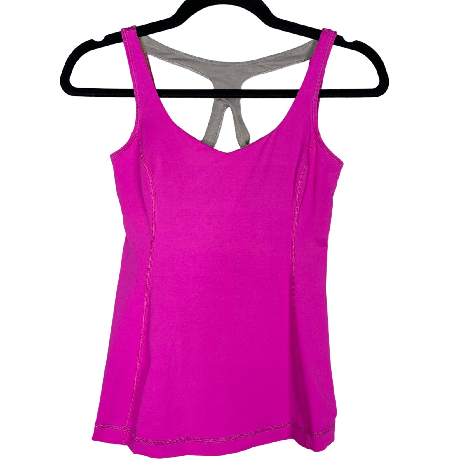 Lululemon Womens 4 Optimal Tank Pow Pink Metallic Silver Cut Out Shelf Bra VNeck