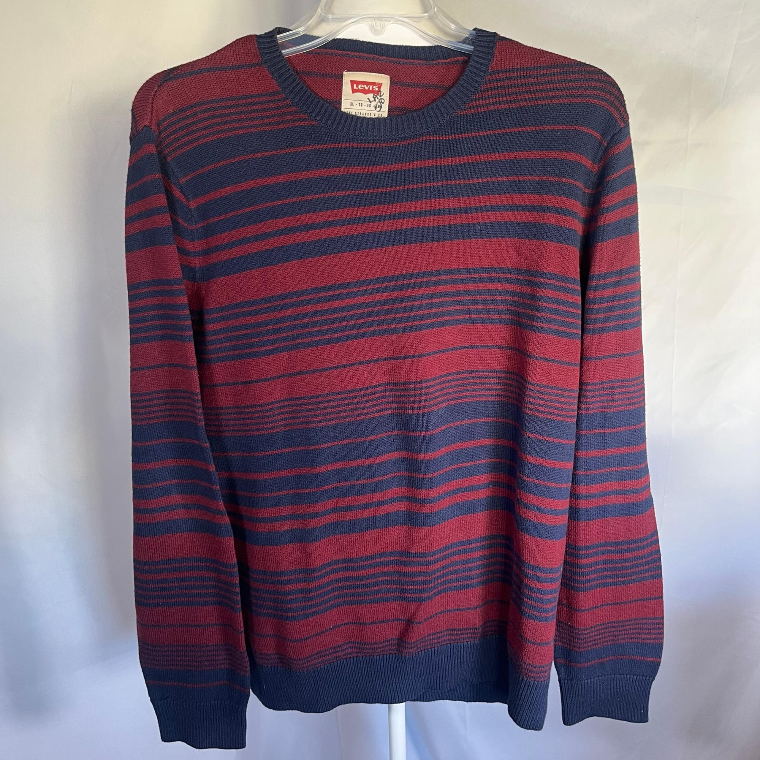 Levi’s Men’s Striped Crewneck Sweater Navy Blue and Burgundy Size XL