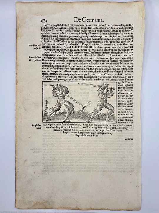 Sebastian Munster's Cosmographia Leaf on gladiators, dueling, and fencing