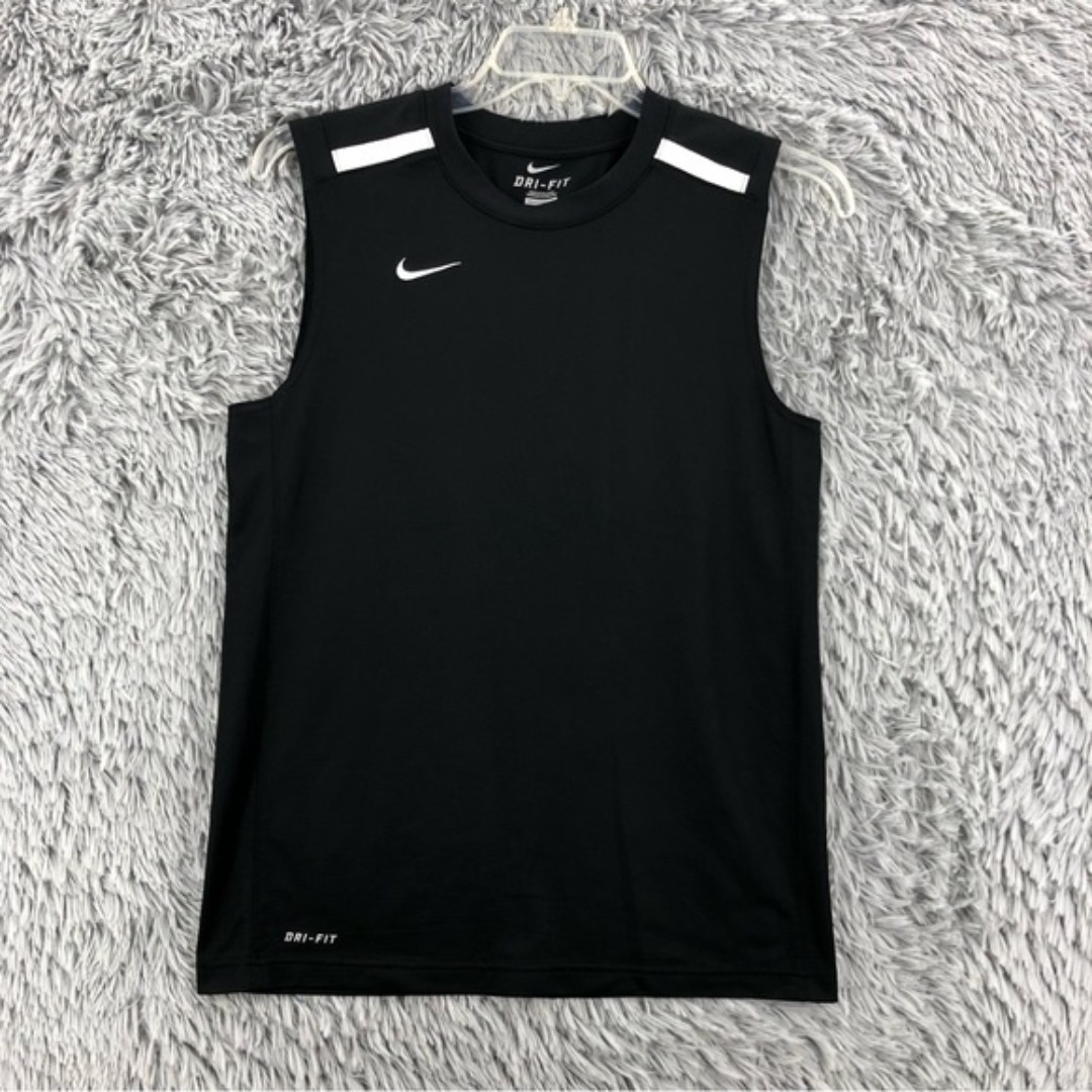 Nike Mens Small Athletic Workout Sleeveless Dri Fit Black White Swoosh Shirt