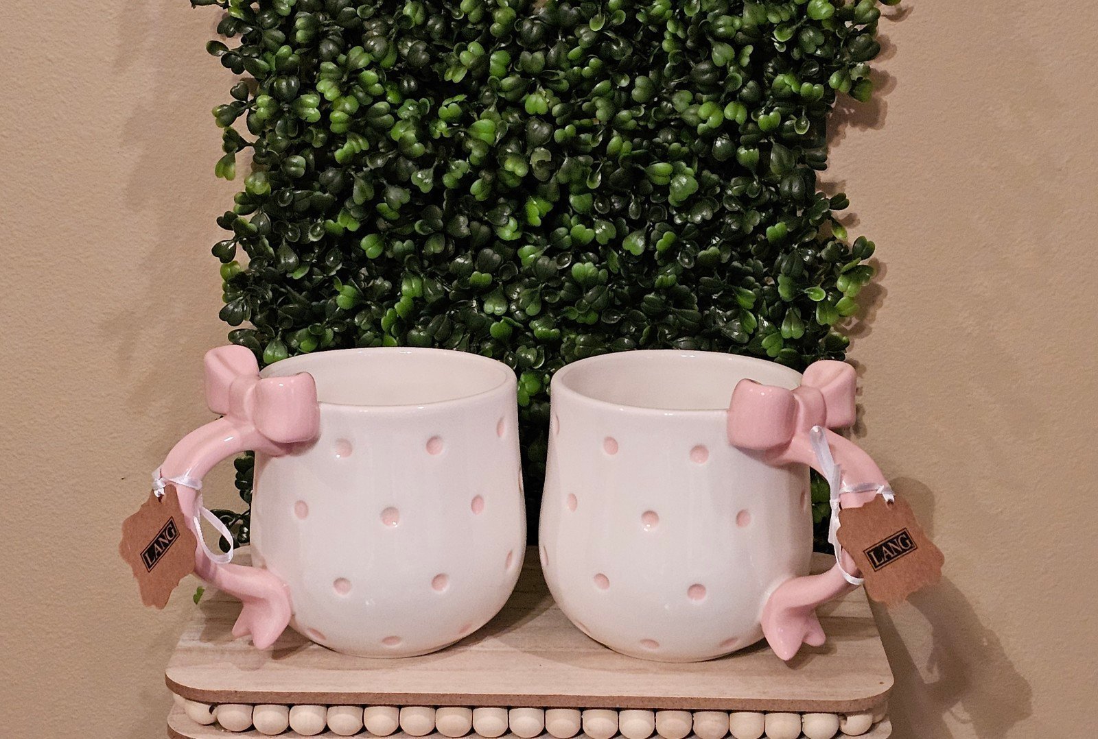 Pink Polka Dot Bow Mugs by LANG set of 2